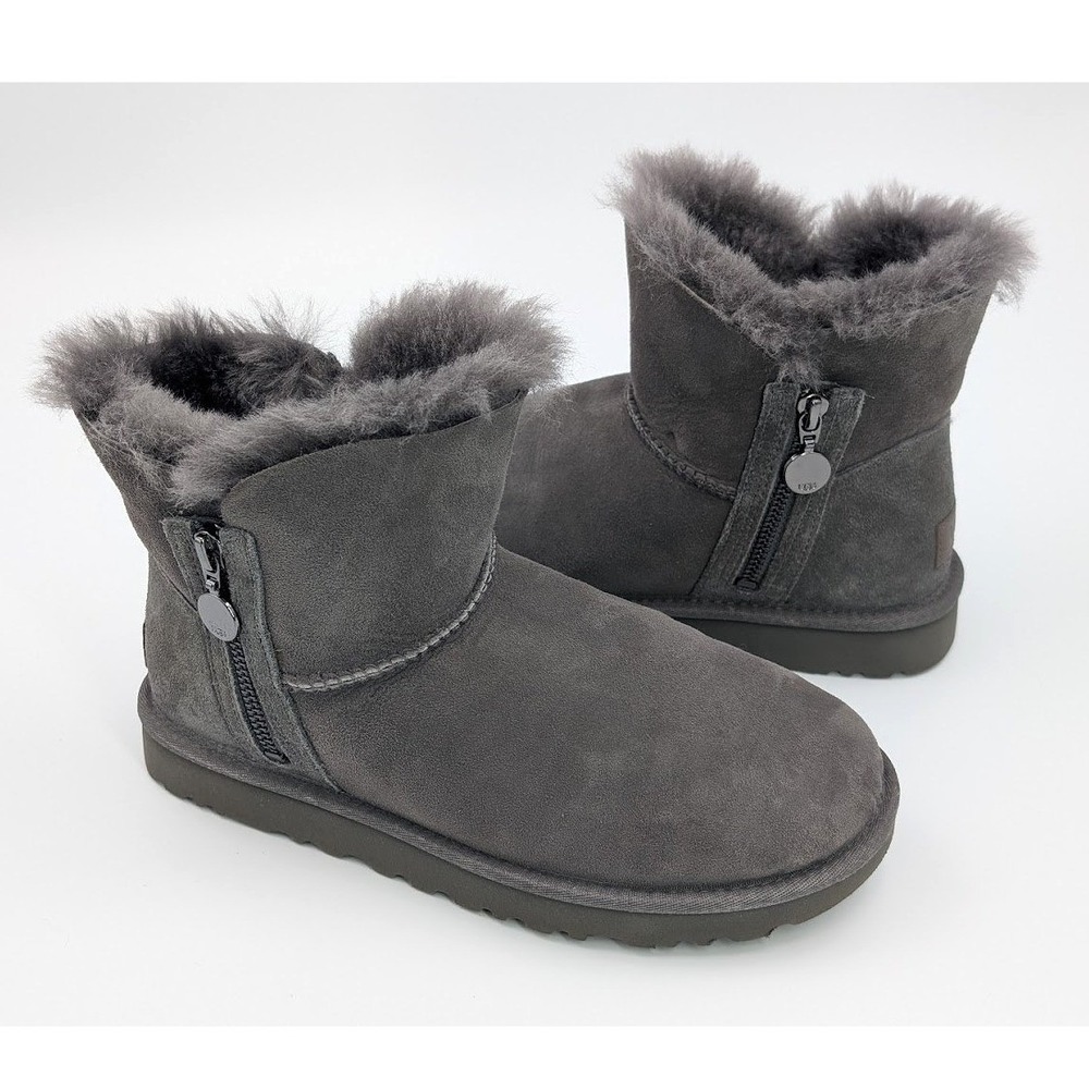 UGG Bailey Zip Mini Grey Suede Ankle Boots Sheepskin Trim Size 7